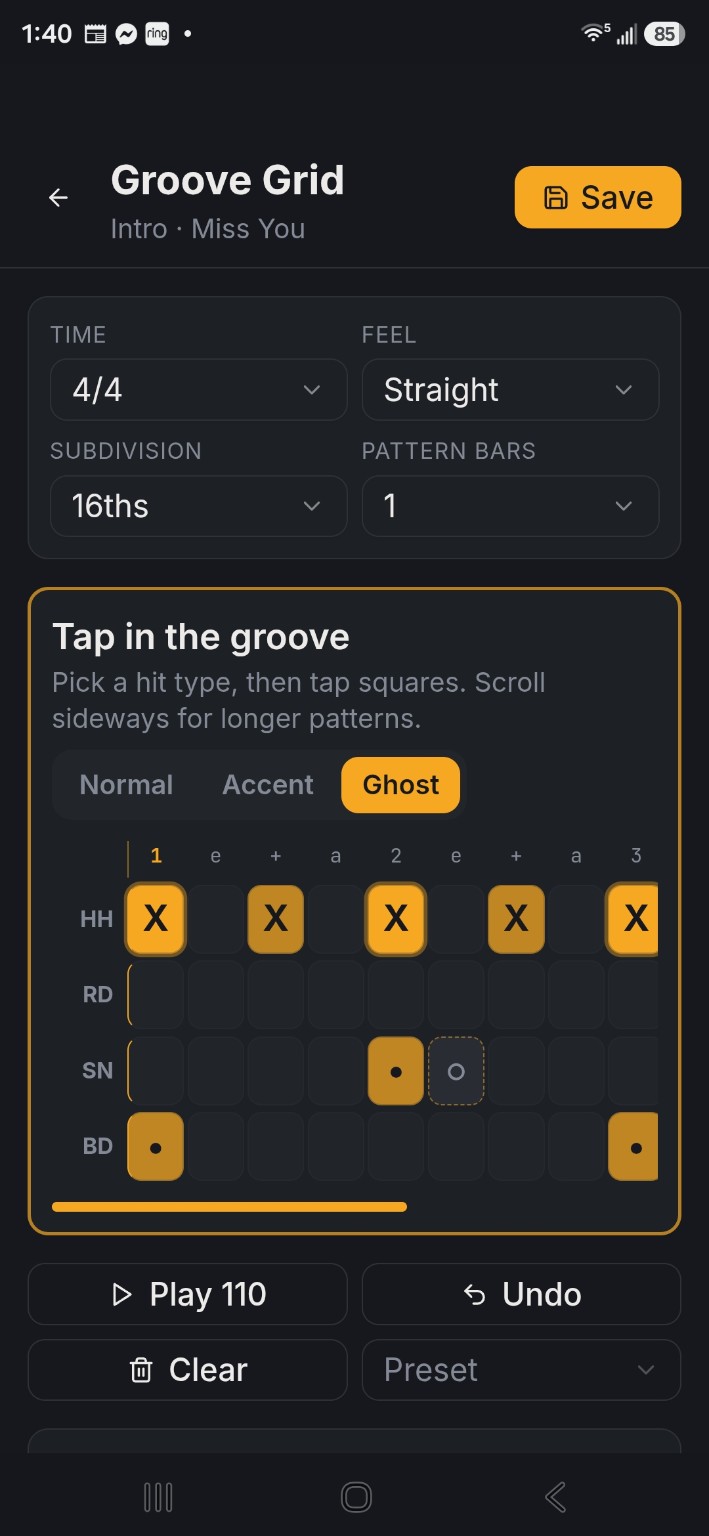 GroovePilot Groove Grid drum notation editor and playback controls
