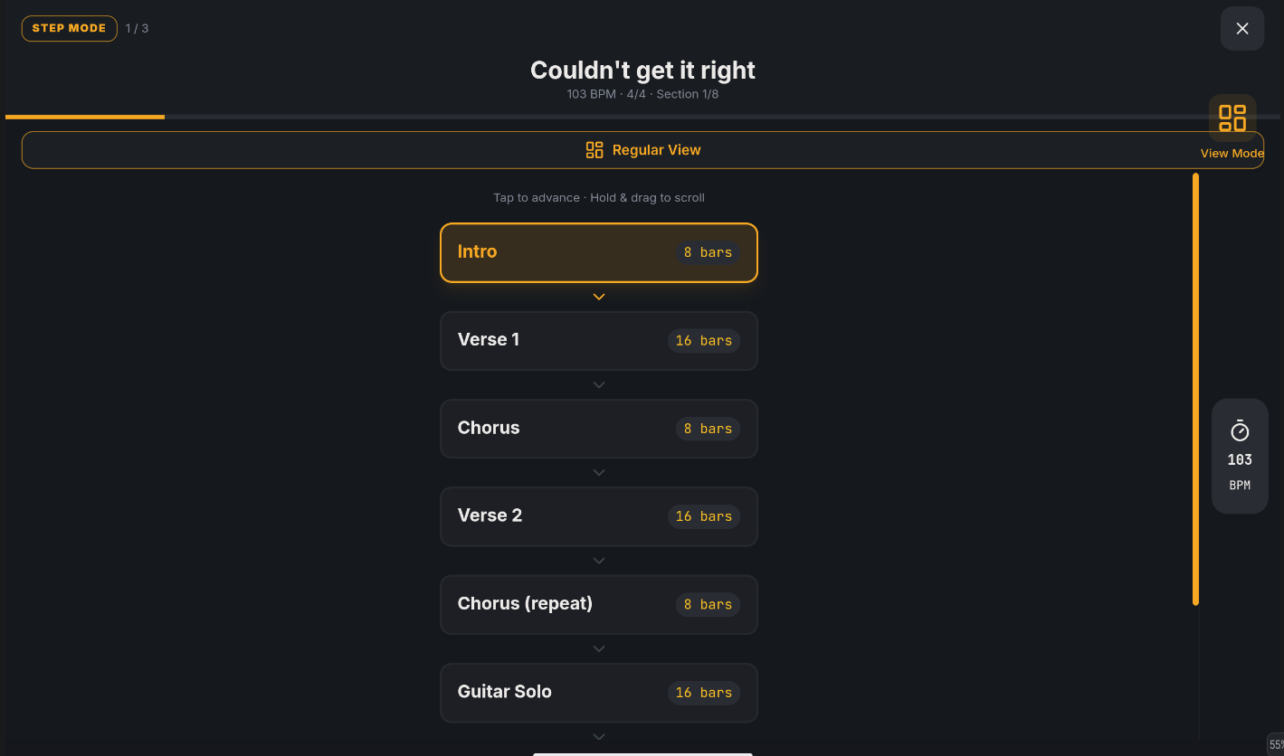 GroovePilot Regular Step Mode on an Android tablet